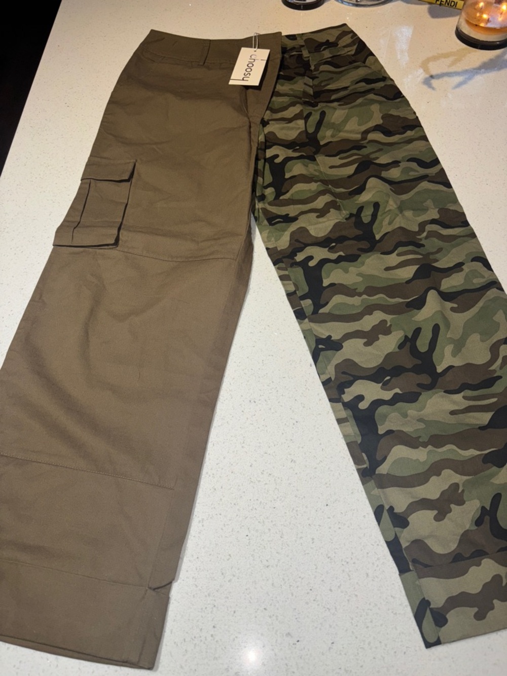Two-Tone Wide Leg Cargo Pants in Olive & Camo